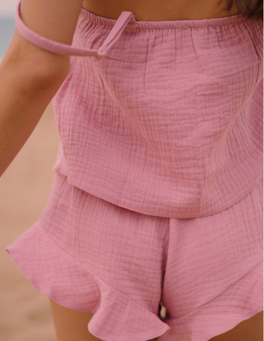 Pajama set with top and ruffled shorts tea rose