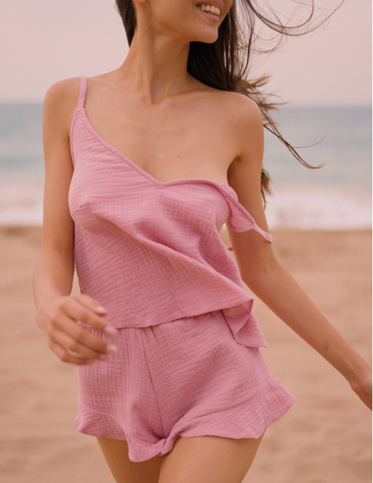 Pajama set with top and ruffled shorts tea rose