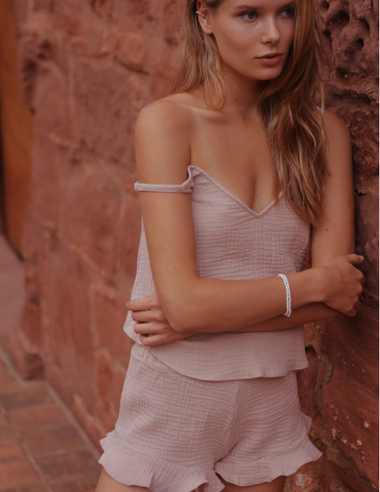 Pajama set with top and ruffled shorts beige