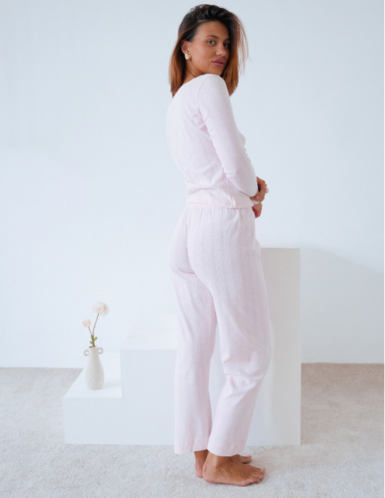 Set: Buttoned Long Sleeve Top and Straight Pants in Powder 