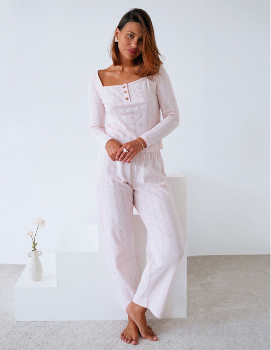 Set: Buttoned Long Sleeve Top and Straight Pants in Powder 