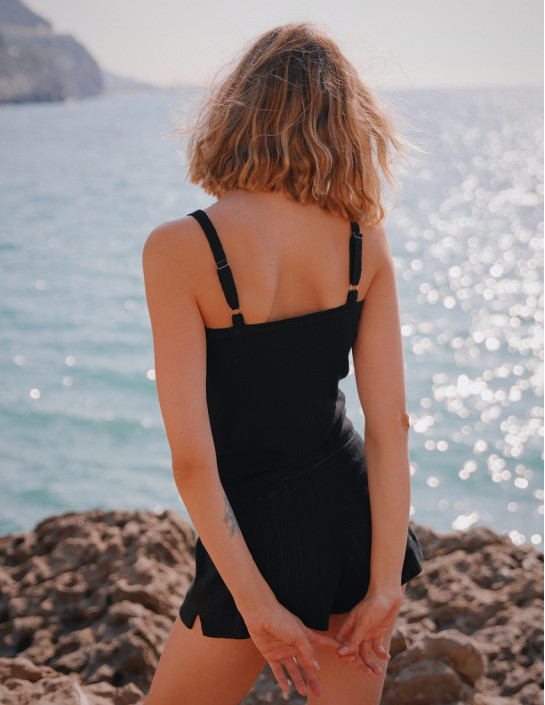Set: Tank Top and Mini Shorts Openwork Knitwear in Black