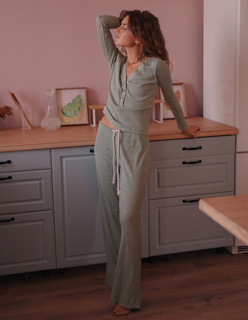 Ribbed pistachio long sleeve and pants set