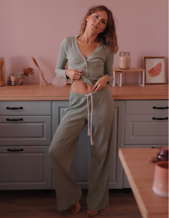 Ribbed pistachio long sleeve and pants set
