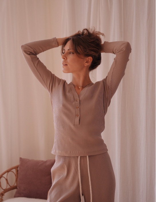 Ribbed coffee long sleeve and pants set