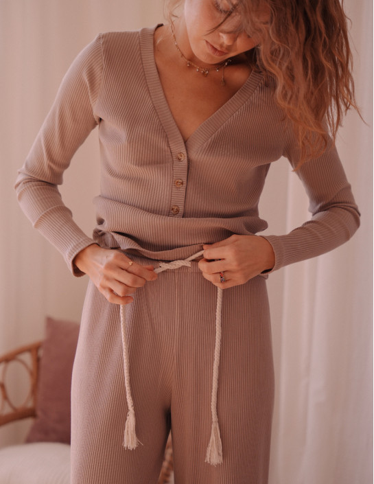Ribbed coffee long sleeve and pants set