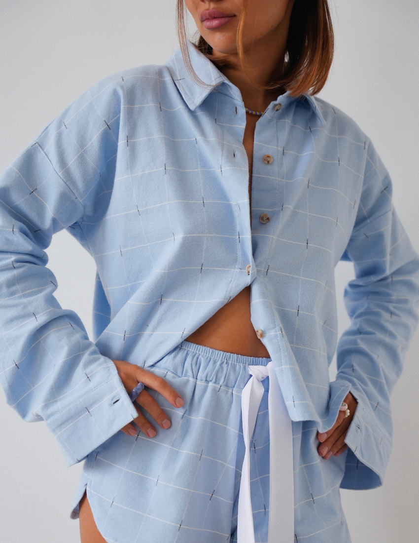 Cropped Flannel Shirt Blue