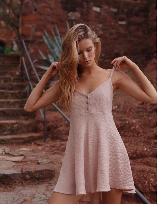 Muslin Sundress with Buttons in Beige