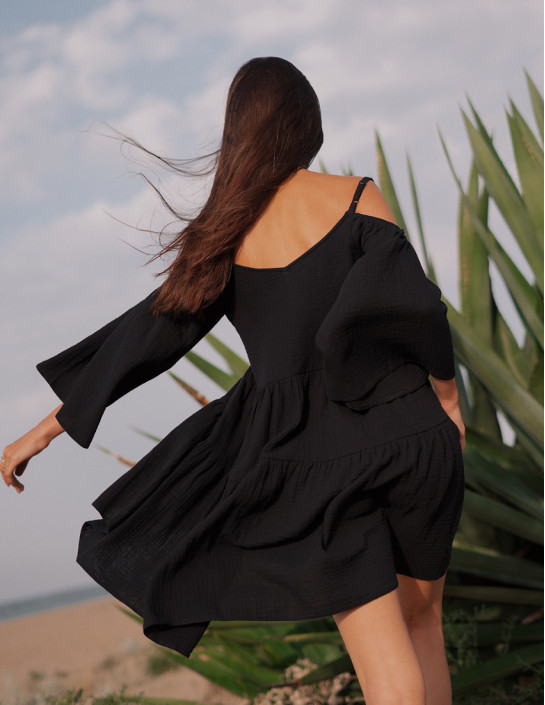 Dress with Wide Sleeves in Black Muslin