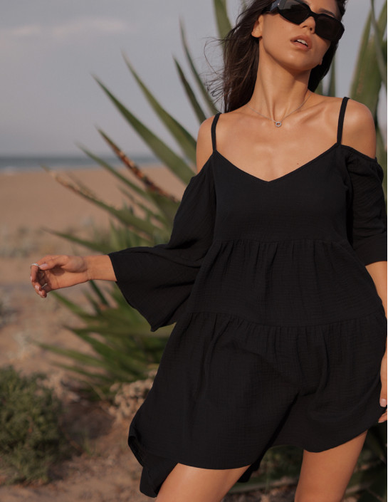 Dress with Wide Sleeves in Black Muslin