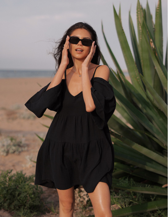 Dress with Wide Sleeves in Black Muslin