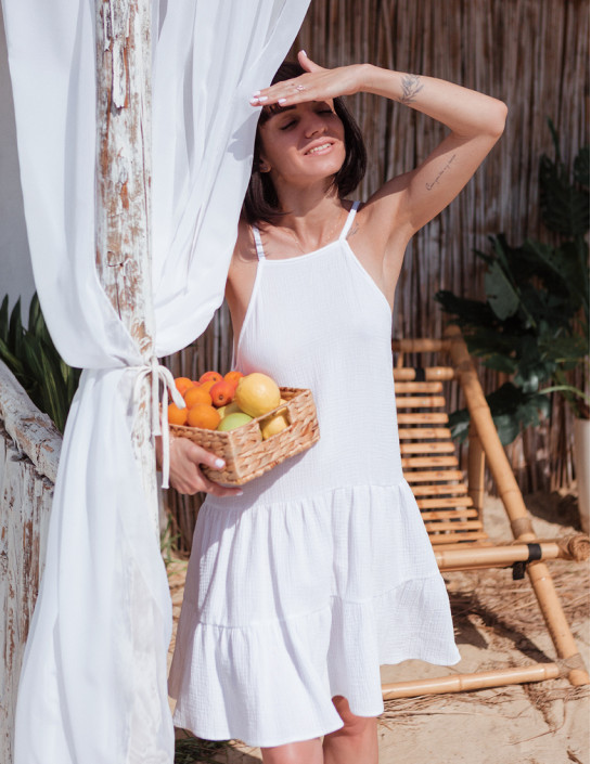 Off-Shoulder Muslin Dress, White