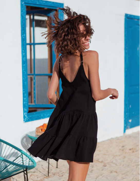 Off-Shoulder Muslin Dress, Black