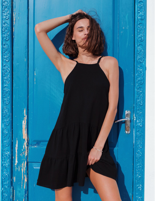 Off-Shoulder Muslin Dress, Black