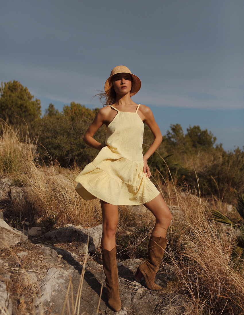 Off-Shoulder Muslin Dress, Yellow