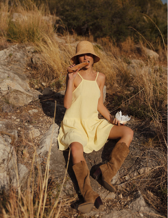 Off-Shoulder Muslin Dress, Yellow