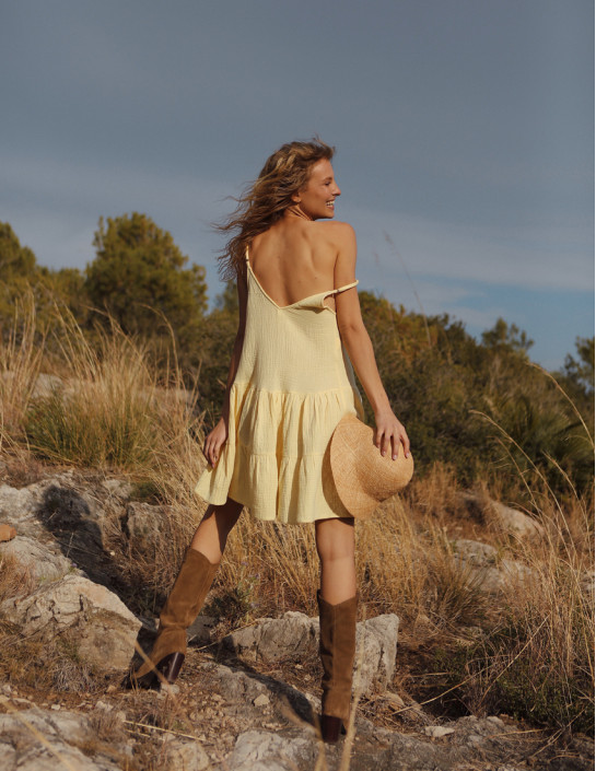 Off-Shoulder Muslin Dress, Yellow