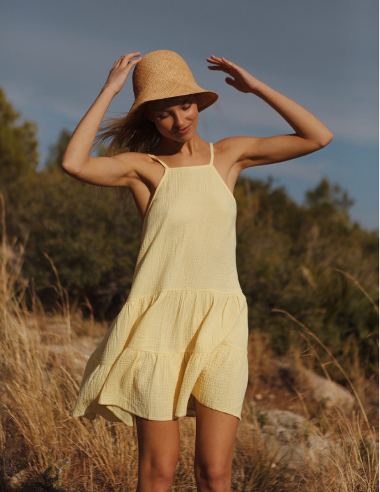 Off-Shoulder Muslin Dress, Yellow