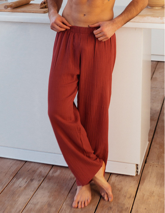 Men's Muslin Shirt and Pants Set in Brick Red