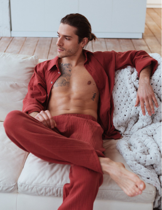 Men's Muslin Shirt and Pants Set in Brick Red