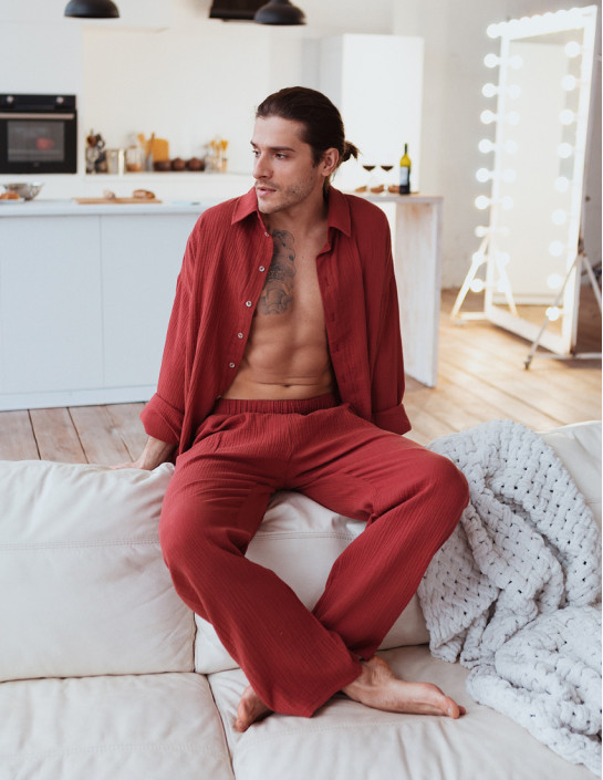 Men's Muslin Shirt and Pants Set in Brick Red