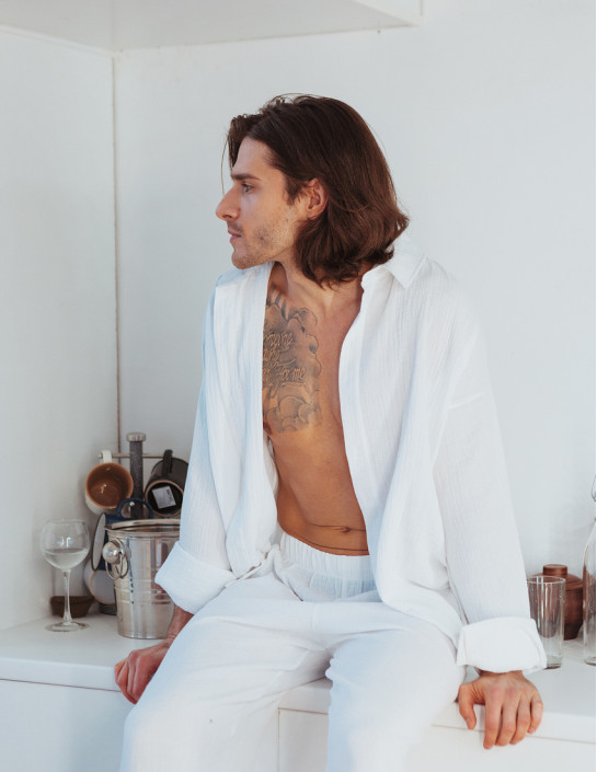 Men's Muslin Shirt and Pants Set in White