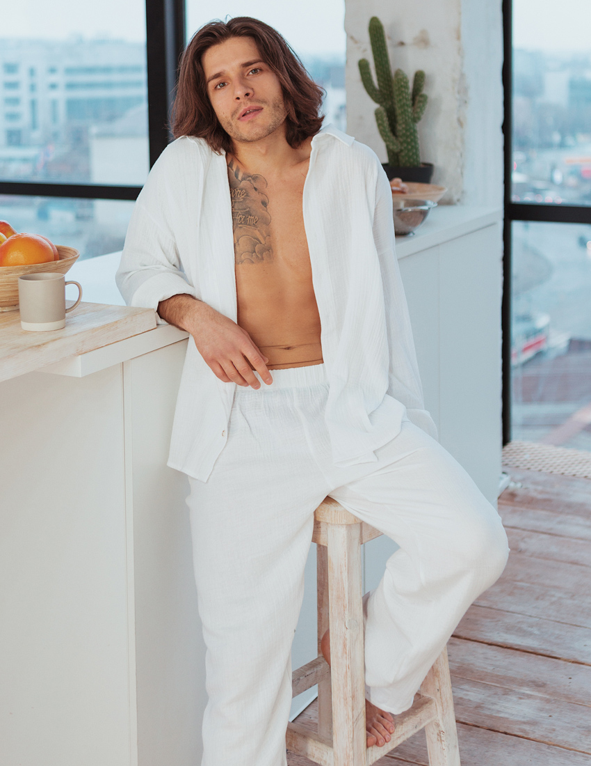 Men's Muslin Shirt and Pants Set in White