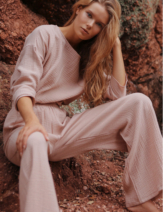 Beige Muslin Palazzo Pants