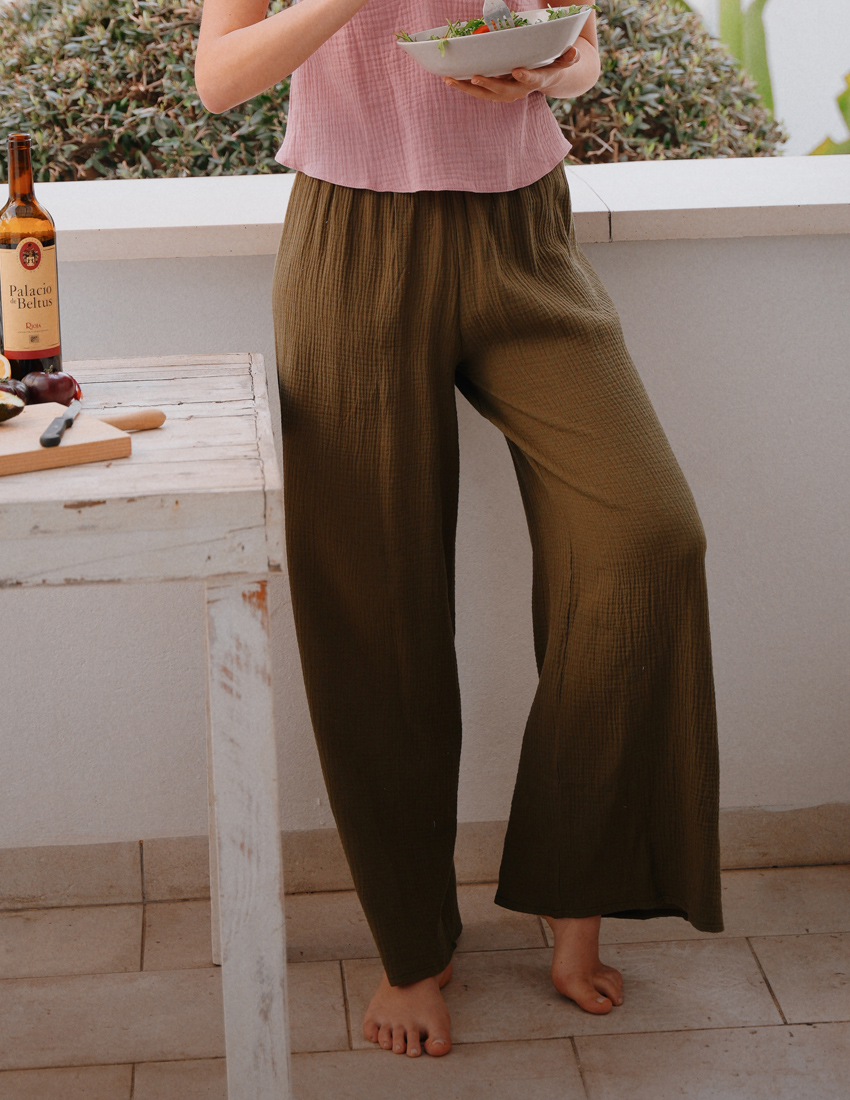 Khaki Muslin Palazzo Pants