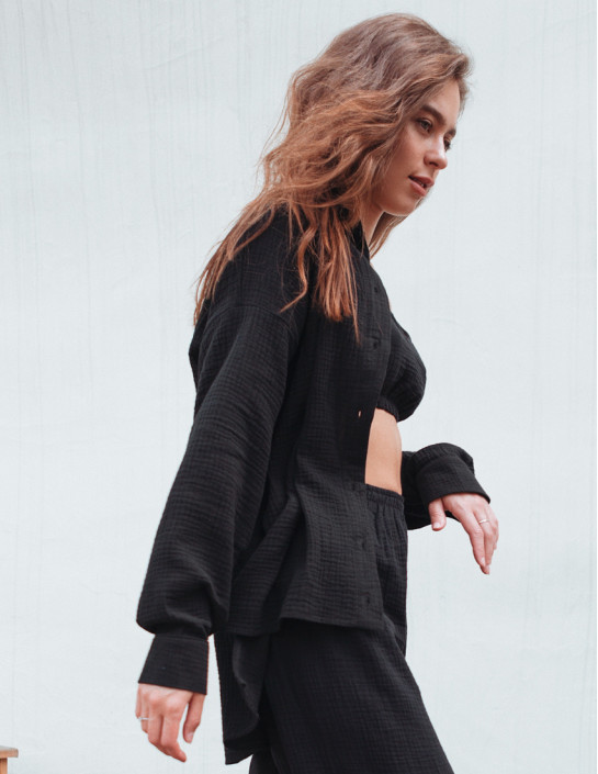 Black Muslin Shirt with Slits
