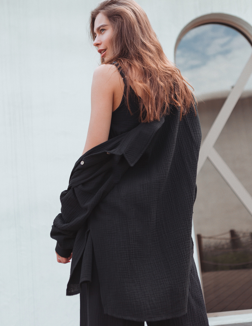 Black Muslin Shirt with Slits