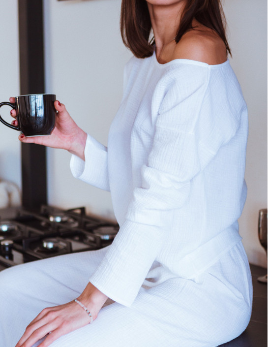 White Muslin Long Sleeve with Asymmetric Neckline