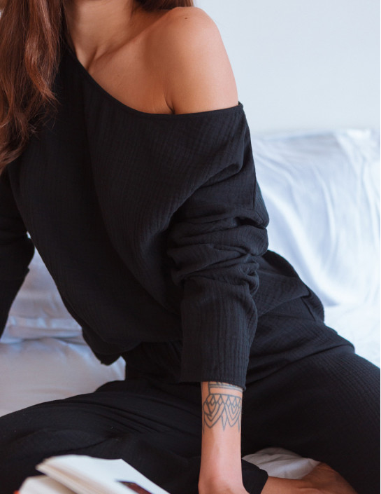 Black Muslin Long Sleeve with Asymmetric Neckline