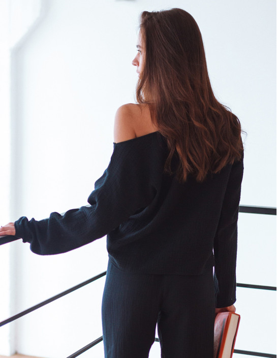 Black Muslin Long Sleeve with Asymmetric Neckline