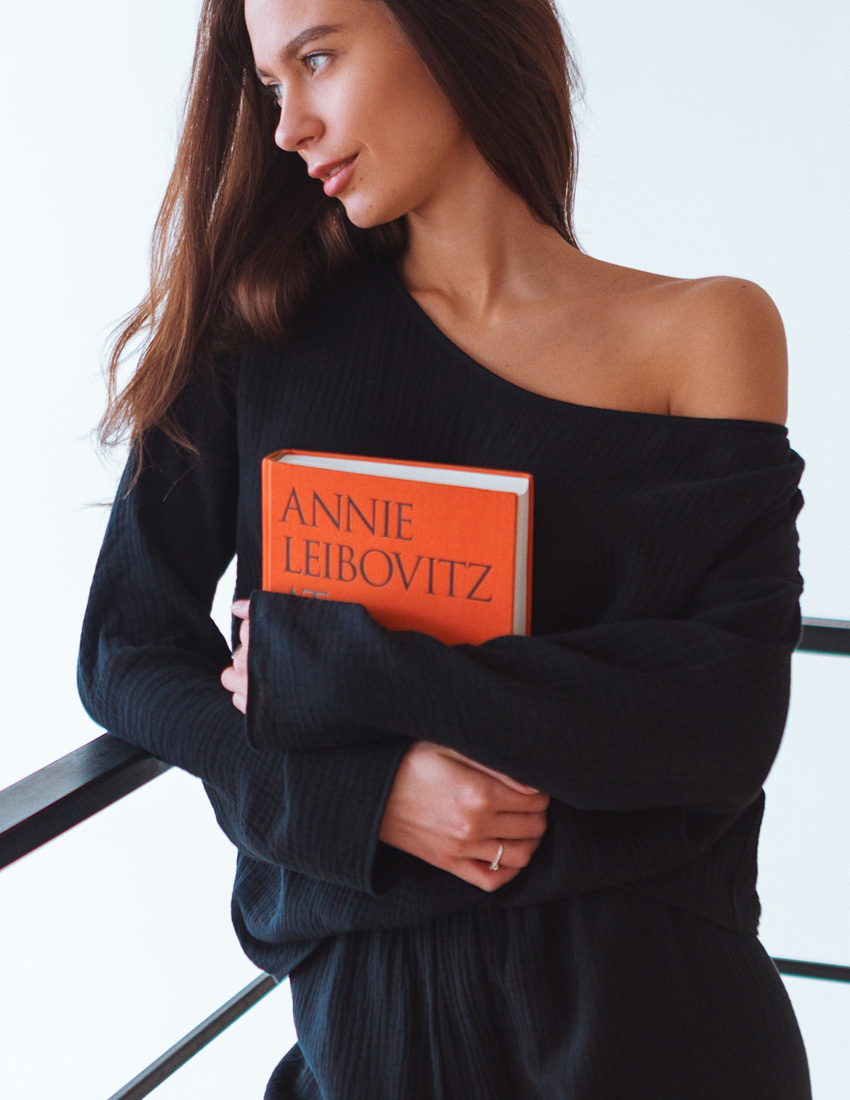 Black Muslin Long Sleeve with Asymmetric Neckline