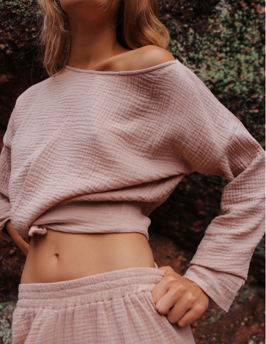 Beige Muslin Long Sleeve with Asymmetric Neckline