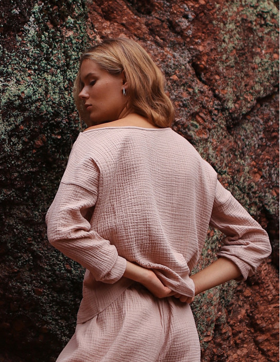 Beige Muslin Long Sleeve with Asymmetric Neckline