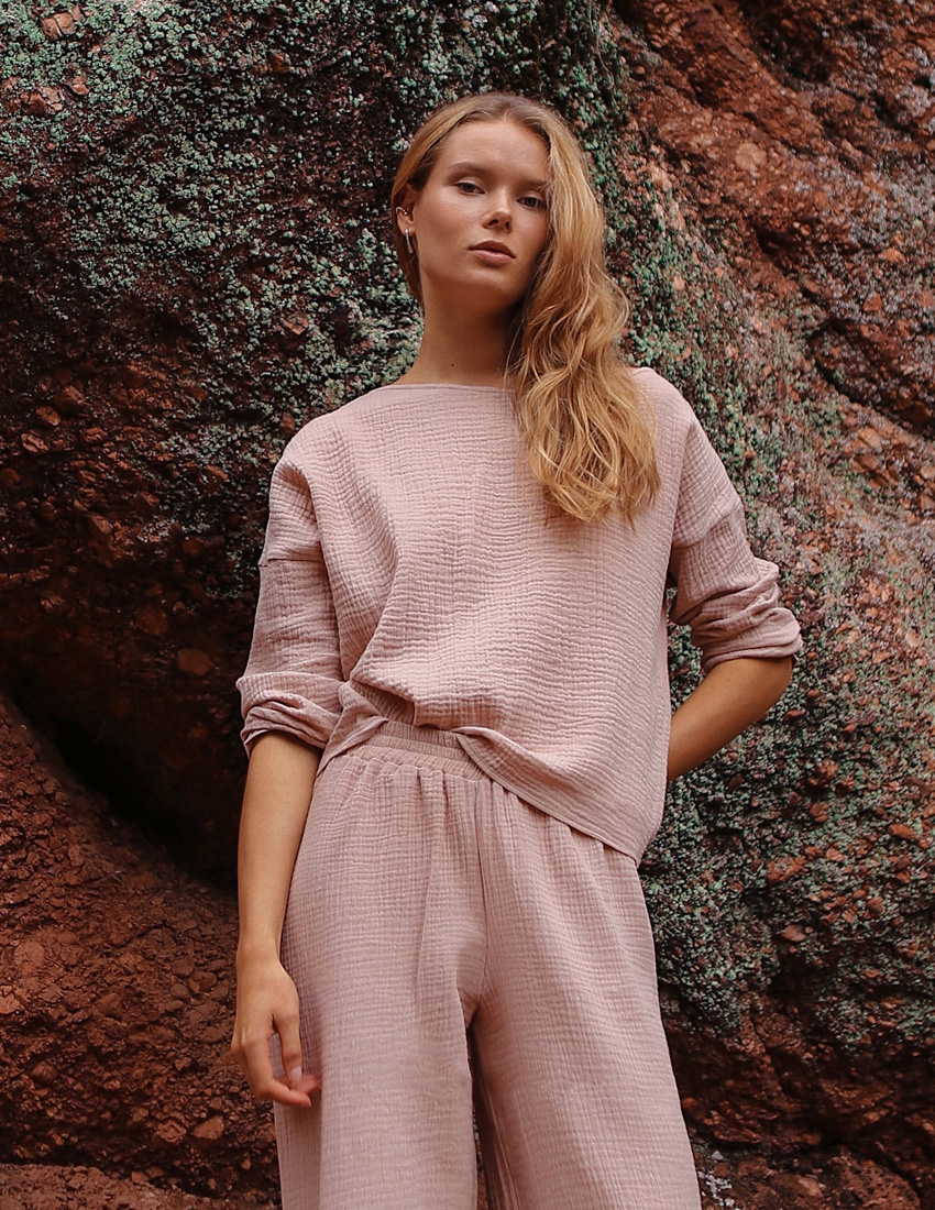 Beige Muslin Long Sleeve with Asymmetric Neckline