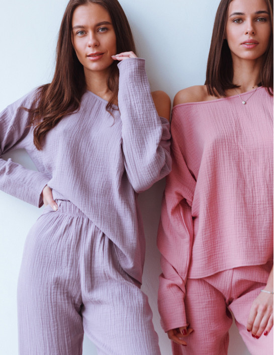 Tea rose Muslin Long Sleeve with Asymmetric Neckline