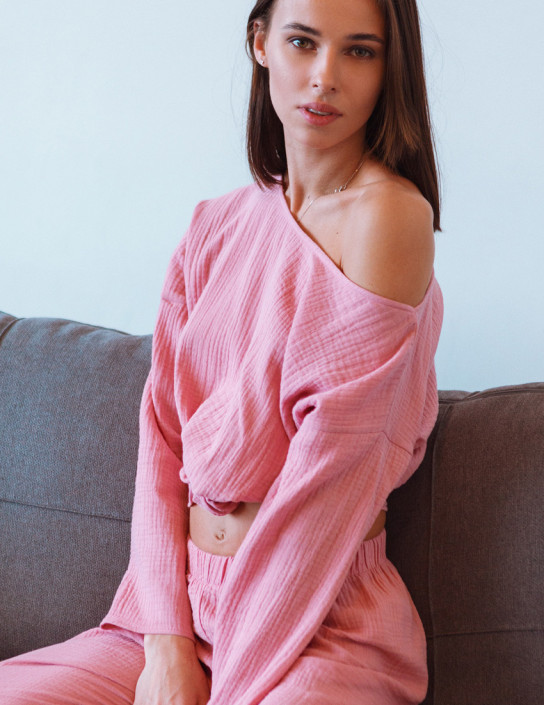 Tea rose Muslin Long Sleeve with Asymmetric Neckline
