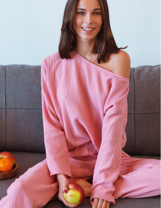 Tea rose Muslin Long Sleeve with Asymmetric Neckline