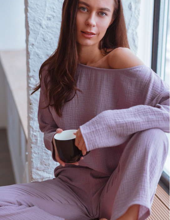 Lavender Muslin Long Sleeve with Asymmetric Neckline