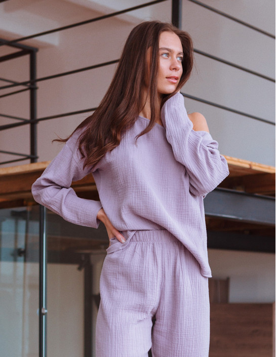 Lavender Muslin Long Sleeve with Asymmetric Neckline