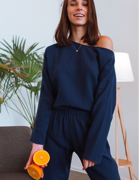 Dark blue Muslin Long Sleeve with Asymmetric Neckline