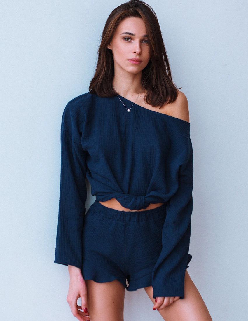 Dark blue Muslin Long Sleeve with Asymmetric Neckline