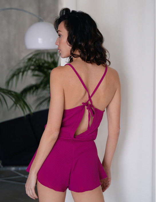 Muslin Romper with a Deep V-Neckline Cherry