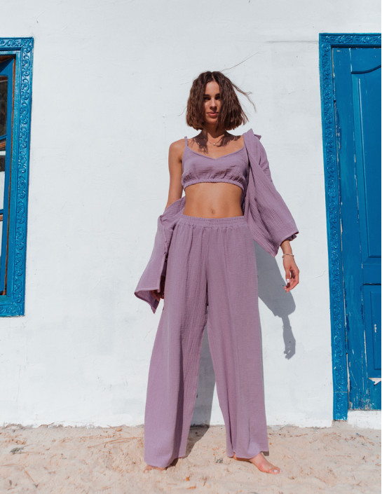 3-in-1 Set: Palazzo Pants, Crop Top & Shirt with Slits | Lavender