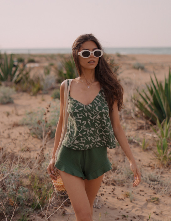 Pajama set with top and ruffled shorts (mix Green and Green with golden grain ears print)