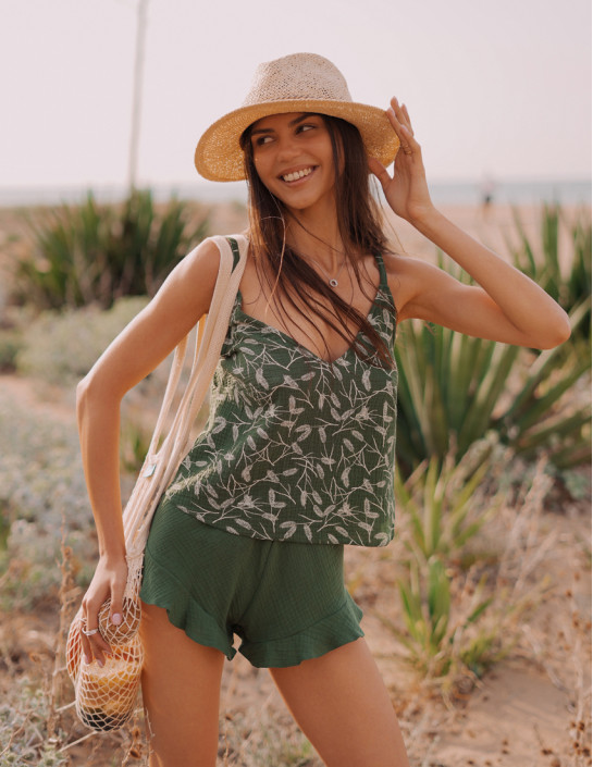 Pajama set with top and ruffled shorts (mix Green and Green with golden grain ears print)