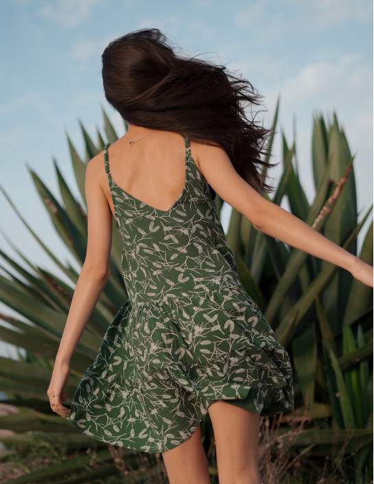 Off-Shoulder Muslin Dress, Green with golden grain ears print